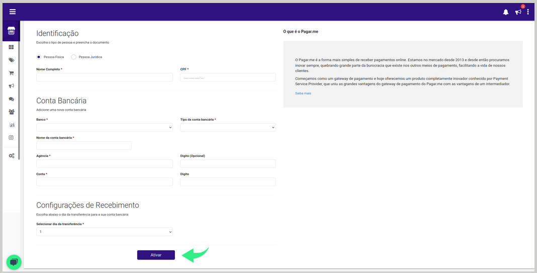 ativar pagar.me